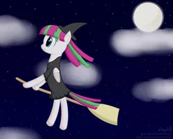 Size: 3000x2400 | Tagged: artist:joey, blossomforth, broom, clothes, cloud, derpibooru import, dress, flying, flying broomstick, full moon, hat, moon, night, nightmare night, night sky, safe, smiling, solo, stars, witch, witch hat