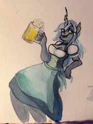 Size: 960x1280 | Tagged: alcohol, anthro, artist:whale, beer, beer stein, clothes, derpibooru import, dirndl, dress, leaning, queen chrysalis, safe, solo, traditional art, watercolor painting