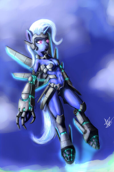 Size: 1600x2400 | Tagged: anthro, armor, artist:spannerpaint, breasts, cleavage, derpibooru import, female, flying, midriff, powered exoskeleton, safe, solo, trixie