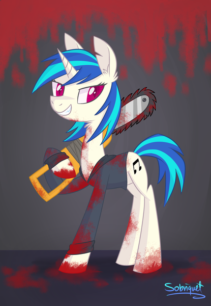 Size: 800x1158 | Tagged: grimdark, artist:flourret, derpibooru import, vinyl scratch, pony, unicorn, blood, chainsaw, clothes, ear fluff, evil grin, female, grin, indoors, mare, missing accessory, shirt, signature, smiling, solo, standing