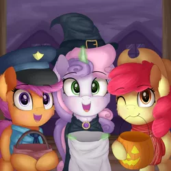 Size: 2000x2000 | Tagged: safe, artist:vanillaghosties, derpibooru import, apple bloom, scootaloo, sweetie belle, earth pony, pegasus, pony, unicorn, adorabloom, clothes, costume, cowboy hat, cowgirl, cute, cutealoo, cutie mark crusaders, diasweetes, female, filly, glowing horn, halloween, hat, holiday, looking at you, magic, nightmare night, one eye closed, police, pumpkin bucket, telekinesis, trick or treat, trio, witch