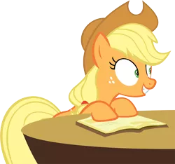 Size: 11621x10888 | Tagged: absurd resolution, applejack, artist:cyanlightning, book, derpibooru import, every little thing she does, hat, hypnosis, hypnotized, safe, simple background, solo, .svg available, table, transparent background, vector