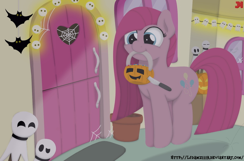 Size: 1572x1040 | Tagged: artist:ljdamz1119, costume, cute, derpibooru import, halloween, holiday, jack-o-lantern, mouth hold, nightmare night, pinkamena diane pie, pinkie pie, pumpkin, pumpkin bucket, safe, solo, trick or treat