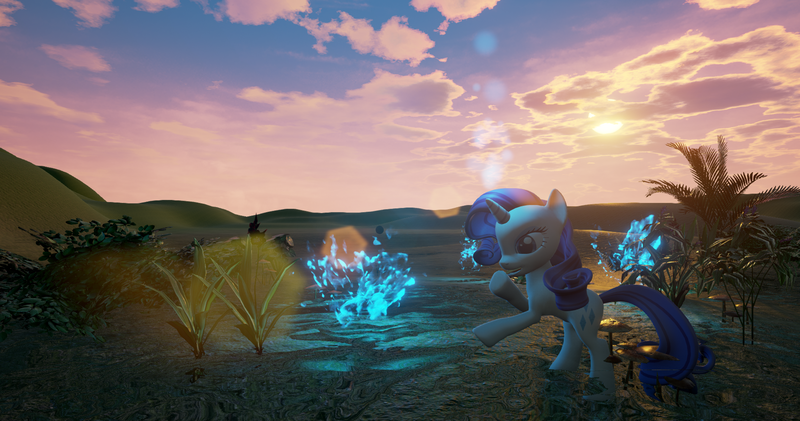 Size: 1900x1000 | Tagged: 3d, artist:cnfamasepic, derpibooru import, magic, plant, rarity, safe, sunset