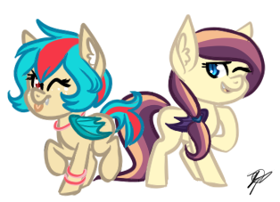 Size: 314x227 | Tagged: safe, artist:peaceouttopizza23, derpibooru import, oc, oc:cherry bomb, oc:lunar lily, unofficial characters only, bat pony, pony, chibi, cute, duo, freckles, offspring, one eye closed, parent:oc:sweet hum, parent:oc:swift edge, parents:oc x oc, parents:sweetedge, sassy, simple background, tongue out, transparent background, wink