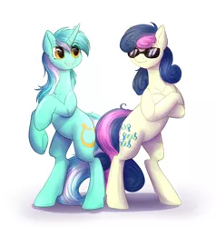 Size: 1900x2000 | Tagged: safe, artist:peachmayflower, derpibooru import, bon bon, lyra heartstrings, sweetie drops, earth pony, pony, unicorn, bipedal, crossed arms, duo, looking at each other, rearing, simple background, smiling, smirk, smug, sunglasses, underhoof, white background