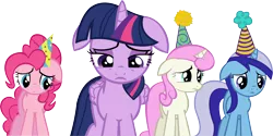 Size: 15818x7936 | Tagged: safe, artist:cyanlightning, derpibooru import, minuette, pinkie pie, twilight sparkle, twilight sparkle (alicorn), twinkleshine, alicorn, pony, amending fences, .svg available, absurd resolution, floppy ears, hat, party hat, sad, simple background, transparent background, vector