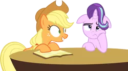 Size: 15012x8356 | Tagged: absurd resolution, applejack, artist:cyanlightning, book, bored, derpibooru import, every little thing she does, floppy ears, hat, hypnosis, hypnotized, safe, simple background, starlight glimmer, .svg available, table, transparent background, vector