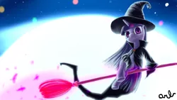 Size: 1920x1080 | Tagged: safe, artist:nodnarb01, derpibooru import, twilight sparkle, alternate cutie mark, broom, crossed legs, flying, flying broomstick, full moon, hat, looking at you, moon, night, sitting, solo, stars, witch, witch hat