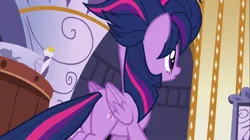 Size: 1100x618 | Tagged: safe, derpibooru import, screencap, twilight sparkle, twilight sparkle (alicorn), alicorn, pony, castle sweet castle, alternate hairstyle, female, image, jpeg, mare, plot, punklight sparkle, solo, tail, tail pull