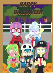 Size: 1536x2128 | Tagged: safe, artist:rainbowyoshi305, derpibooru import, indigo zap, lemon zest, sour sweet, sugarcoat, sunny flare, equestria girls, friendship games, bag, bandana, baseball bat, clothes, clown, cosplay, costume, crystal prep shadowbolts, dc comics, drama alert, dress, food, halloween, harley quinn, hat, headphones, keemstar, looking at you, miraculous ladybug, pokémon, popcorn, pumpkin bucket, shadow five, star butterfly, star vs the forces of evil, suicide squad, sun and moon, team skull, trick or treat