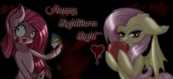 Size: 10000x4563 | Tagged: grimdark, artist:nuumia, derpibooru import, fluttershy, pinkie pie, bat pony, pony, fanfic:cupcakes, absurd resolution, blood, flutterbat, knife, pinkamena diane pie, race swap