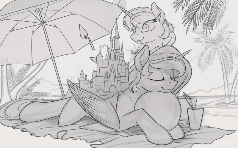 Size: 2100x1306 | Tagged: safe, artist:yakovlev-vad, derpibooru import, princess celestia, princess luna, alicorn, pony, :3, beach, beach ball, disney, ear fluff, eyes closed, fluffy, glass, monochrome, ocean, palm tree, prone, sand castle, sketch, smiling, straw, towel, tree, umbrella