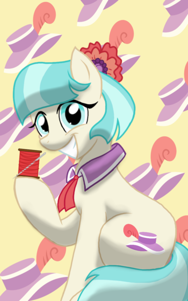 Size: 1200x1920 | Tagged: safe, artist:theroyalprincesses, derpibooru import, coco pommel, cocobetes, cute, grin, hoof hold, looking at you, smiling, solo, spool, thread