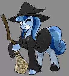 Size: 636x695 | Tagged: artist:whatsapokemon, broom, clothes, costume, crystal pony, derpibooru import, grin, hat, holding, looking at you, oc, oc:heart song, one eye closed, safe, simple background, smiling, solo, unofficial characters only, wink, witch, witch hat