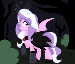 Size: 1024x883 | Tagged: safe, artist:eyeless-nastya, derpibooru import, diamond tiara, bat pony, pony, vampire, alternate hairstyle, clothes, cute little fangs, fangs, fishnets, flats, forest, halloween, night, nightmare night, race swap, request, shoes, solo, stockings