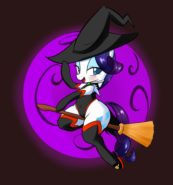 Size: 1301x1391 | Tagged: artist:hidden-cat, beauty mark, bedroom eyes, belly button, blushing, broom, clothes, derpibooru import, female, flying, flying broomstick, hat, leotard, looking at you, moon, nightmare night, open mouth, rarity, smiling, solo, solo female, suggestive, witch, witch hat