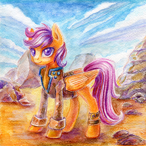 Size: 900x900 | Tagged: artist:asimos, artist:maytee, clothes, derpibooru import, rock, safe, scootaloo, solo, traditional art