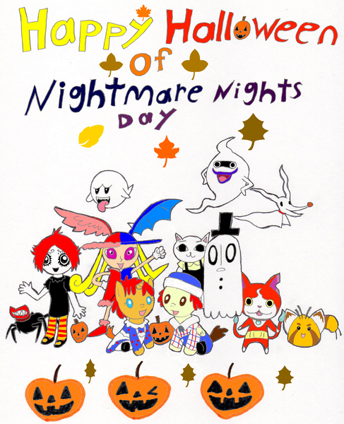 Size: 2372x2922 | Tagged: artist:pokeneo1234, captain tim, clothes, costume, crossover, derpibooru import, halloween, jack-o-lantern, jibanyan, napstablook, nightmare night, omelette, pound cake, pumpkin, pumpkin cake, ruby gloom, safe, shyna nera shyna, silhouette mirage, super mario bros., the nightmare before christmas, undertale, wander over yonder, whisper, yo-kai watch, youkai