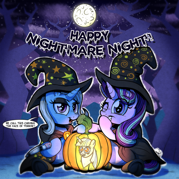 Size: 2000x2000 | Tagged: safe, artist:gray--day, derpibooru import, starlight glimmer, trixie, pony, unicorn, cape, clothes, cute, dialogue, diatrixes, eyeshadow, full moon, glimmerbetes, halloween, happy nightmare night, hat, hoof hold, jack-o-lantern, knife, looking at you, makeup, moon, night sky, nightmare night, open mouth, pumpkin, scenery, sitting, socks, speech bubble, stars, striped socks, underhoof, wink, witch, witch hat