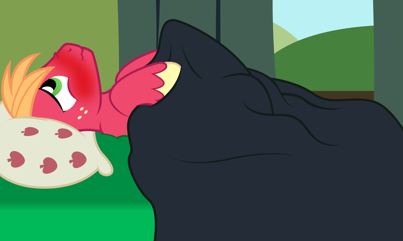 Size: 3300x1970 | Tagged: questionable, artist:badumsquish, derpibooru import, big macintosh, earth pony, pony, blushing, covering, crotch bulge, embarrassed, erection, hiding erection, horsecock, looking away, looking up, lying down, male, morning wood, nervous, nudity, on back, on bed, penis, scrunchy face, solo, solo male, stallion