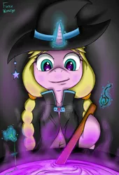 Size: 3000x4400 | Tagged: safe, artist:fiercewendigo, derpibooru import, oc, oc:caramel malt, unofficial characters only, pony, unicorn, absurd resolution, cauldron, clothes, exclusive, hat, liquid, magic, ponyville ciderfest, solo, stirring, witch, witch hat