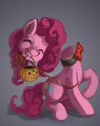 Size: 800x1000 | Tagged: safe, artist:lexx2dot0, derpibooru import, pinkie pie, balloon pony, earth pony, pony, bag, balloon head, bowtie, disembodied head, eyes closed, gradient background, grin, halloween, headless, modular, nightmare night, pumpkin bucket, smiling, solo