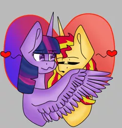 Size: 471x494 | Tagged: safe, artist:illusionestudio, derpibooru import, sunset shimmer, twilight sparkle, twilight sparkle (alicorn), alicorn, pony, unicorn, eyes closed, female, heart, hug, imminent kissing, lesbian, mare, shipping, sunsetsparkle