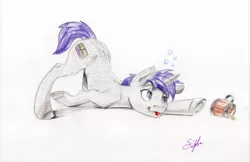 Size: 5087x3299 | Tagged: safe, artist:silfoe, derpibooru import, oc, oc:l cut, unofficial characters only, cider, drunk, drunk bubbles, solo, tongue out, traditional art