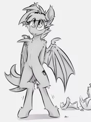 Size: 3504x4681 | Tagged: safe, artist:ralek, derpibooru import, oc, oc:sunny sheila, unofficial characters only, anthro, bat pony, unguligrade anthro, bat wings, cute, fangs, guilty, hands behind back, monochrome, pottery, solo