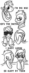 Size: 400x1000 | Tagged: suggestive, artist:saturnspace, derpibooru import, big macintosh, derpy hooves, doctor whooves, fluttershy, time turner, earth pony, pony, aftersex, blushing, doctorderpy, fluttermac, glasses, grammar error, male, monochrome, ruined for marriage, shipping, stallion, straight, sunglasses