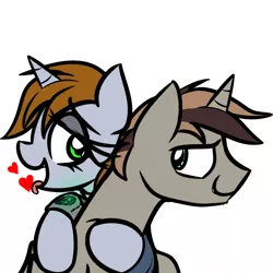 Size: 786x786 | Tagged: suggestive, artist:camelol, artist:jetwave, derpibooru import, edit, oc, oc:firing bullet, oc:littlepip, unofficial characters only, pony, unicorn, fallout equestria, fanfic, clothes, fanfic art, female, heart, hetero littlepip, hooves, horn, hug, male, mare, open mouth, pipbuck, recolor, shipping, simple background, smiling, stallion, tongue out, vault suit, white background