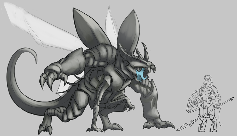 Size: 3000x1718 | Tagged: anthro, armor, artist:keilink, brute, changeling, changeling behemoth, derpibooru import, goliath, monochrome, monster, neo noir, open mouth, partial color, roar, royal guard, safe, simple background, size difference, spear, unguligrade anthro, weapon