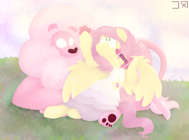 Size: 2200x1625 | Tagged: alternate hairstyle, artist:dulcepanque, big cat, bright, clothes, crossover, derpibooru import, dress, duo, flower, fluttershy, holding, leaning, lion, looking at something, looking up, ponified, rose quartz (steven universe), safe, semi-anthro, smiling, spread wings, steven universe, sword, weapon