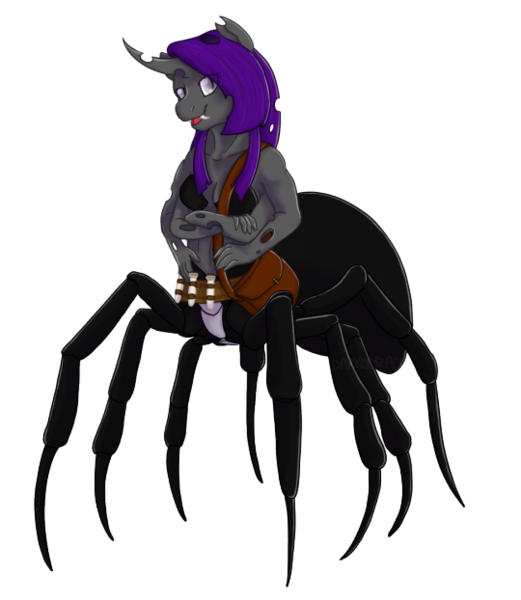 Size: 540x622 | Tagged: anthro, artist:darkodraco, belt, breasts, changeling, cleavage, derpibooru import, drider, female, multiple arms, oc, oc:sirenity, original species, satchel, simple background, solo, spider, spiderling, suggestive, transparent background, unofficial characters only, vial