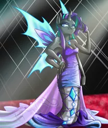 Size: 1100x1302 | Tagged: anthro, artist:askcolorflare, breasts, carpet, changeling, changeling oc, cleavage, clothes, derpibooru import, dress, female, jewelry, lamia, multiple arms, oc, oc:sirenity, original species, red carpet, safe, solo, unofficial characters only