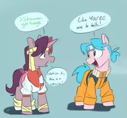 Size: 753x700 | Tagged: safe, artist:goat train, deleted from derpibooru, derpibooru import, oc, oc:gloomy, oc:junior, unofficial characters only, pegasus, pony, unicorn, clothes, costume, dialogue, female, greentext, gunbuster, headband, looking at each other, mare, naruto, open mouth, simple background, speech bubble