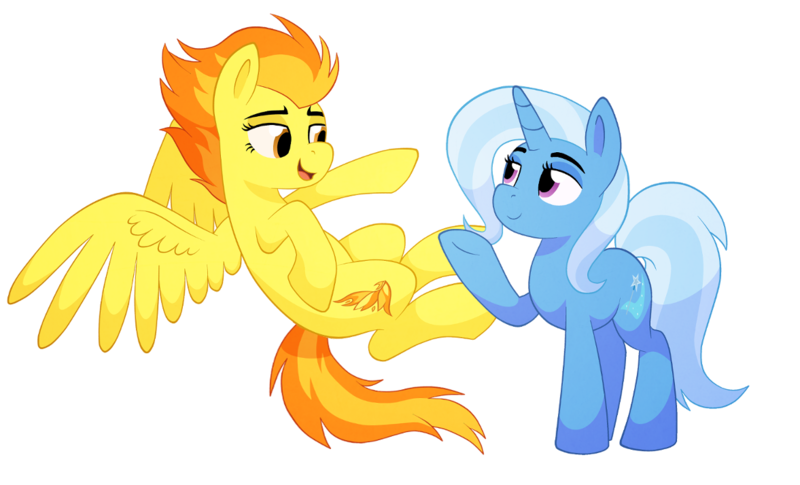 Size: 1177x714 | Tagged: safe, artist:thegamblehorse, deleted from derpibooru, derpibooru import, spitfire, trixie, pegasus, pony, unicorn, female, flying, lesbian, lidded eyes, looking at each other, mare, open mouth, shipping, simple background, smiling, spread wings, transparent background, trixfire, underhoof