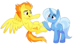 Size: 1177x714 | Tagged: safe, artist:thegamblehorse, deleted from derpibooru, derpibooru import, spitfire, trixie, pegasus, pony, unicorn, female, flying, lesbian, lidded eyes, looking at each other, mare, open mouth, shipping, simple background, smiling, spread wings, transparent background, trixfire, underhoof