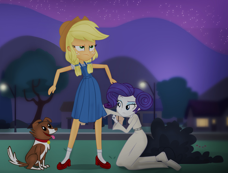 Size: 5894x4481 | Tagged: safe, artist:invisibleink, derpibooru import, applejack, rarity, winona, equestria girls, absurd resolution, clothes, costume, dorothy gale, halloween, halloween costume, princess leia, star wars, the wizard of oz