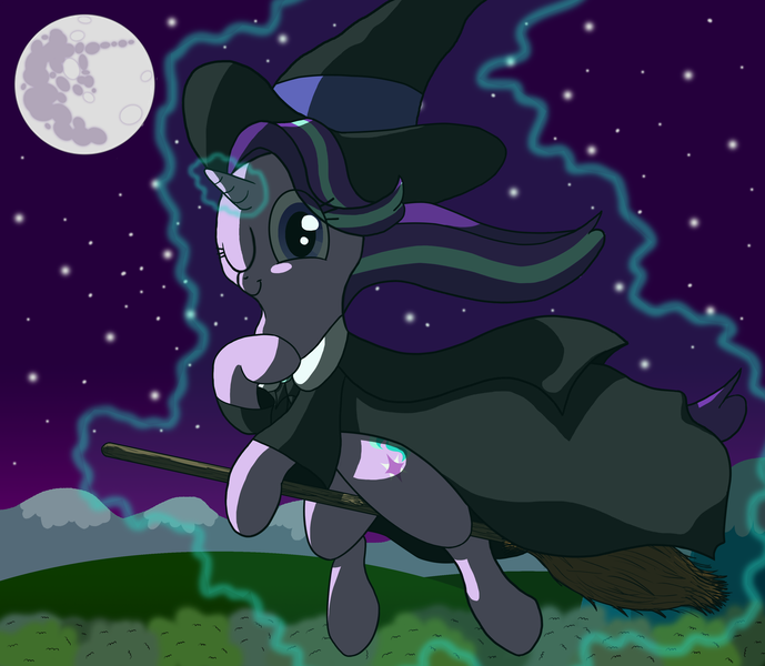 Size: 3507x3052 | Tagged: safe, artist:animanatole, derpibooru import, starlight glimmer, pony, unicorn, broom, clothes, costume, cutie mark, flying, flying broomstick, forest, full moon, hat, hill, levitation, looking at you, magic, mare in the moon, moon, mountain, night, night sky, one eye closed, self-levitation, shadow, smiling, solo, stars, telekinesis, tree, wink, witch, witch hat