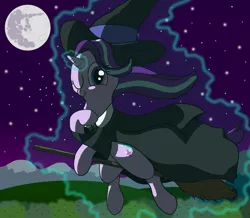 Size: 3507x3052 | Tagged: safe, artist:animanatole, derpibooru import, starlight glimmer, pony, unicorn, broom, clothes, costume, cutie mark, flying, flying broomstick, forest, full moon, hat, hill, levitation, looking at you, magic, mare in the moon, moon, mountain, night, night sky, one eye closed, self-levitation, shadow, smiling, solo, stars, telekinesis, tree, wink, witch, witch hat