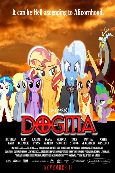 Size: 1000x1500 | Tagged: safe, artist:spongebat1, derpibooru import, derpy hooves, discord, saffron masala, spike, sunset shimmer, trixie, twilight sparkle, vinyl scratch, pony, unicorn, alicorn amulet, dogma, kevin smith, movie poster, parody, view askewniverse