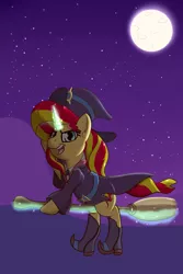 Size: 2000x3000 | Tagged: safe, artist:yakoshi, artist:zogzor, derpibooru import, sunset shimmer, pony, belt, boots, clothes, collaboration, dress, hat, little witch academia, magic, moon, shoes, side slit, skirt, skirt lift, solo, witch, witch hat