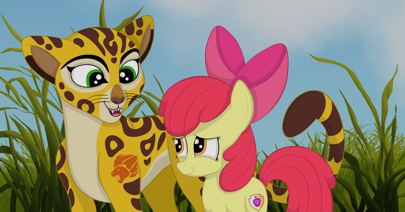 Size: 3902x2043 | Tagged: adorabloom, apple bloom, artist:squipycheetah, cheetah, crossover, cute, cutie mark, derpibooru import, duo, female, fuli, grass, grassland, happy, lion guard, looking back, looking down, looking up, safe, sky, smiling, the cmc's cutie marks, the lion guard, the lion king, whiskers