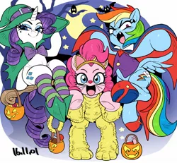 Size: 1134x1048 | Tagged: safe, artist:nekubi, derpibooru import, pinkie pie, rainbow dash, rarity, earth pony, pegasus, pony, unicorn, broom, cape, clothes, costume, female, flying, flying broomstick, halloween, hat, jack-o-lantern, looking at you, mare, open mouth, pumpkin, smiling, socks, striped socks, underhoof, witch hat