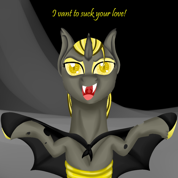 Size: 900x900 | Tagged: artist:bevendre, changeling, clothes, costume, derpibooru import, nightmare night, nightmare night costume, safe, solo, text, vampire, yellow changeling