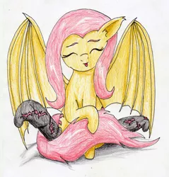 Size: 2392x2507 | Tagged: safe, artist:40kponyguy, derpibooru import, fluttershy, bat pony, pony, clothes, cute, eyes closed, flutterbat, race swap, shyabates, shyabetes, simple background, socks, solo, spread wings, traditional art, white background
