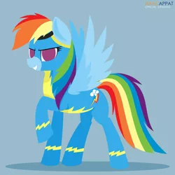 Size: 3000x3000 | Tagged: safe, artist:ballisticmcdelphia, derpibooru import, rainbow dash, pegasus, pony, backwards cutie mark, blue background, clothes, colors, cutie mark, female, goggles, looking at you, mane, mare, no pupils, raised hoof, simple background, smiling, solo, splashmark, spread wings, tail, uniform, wings, wonderbolts uniform