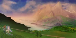 Size: 1500x750 | Tagged: artist:slamjam, bob ross, derpibooru import, field, grass, human, lake, mountain, mountain range, princess celestia, safe, scenery, sunset